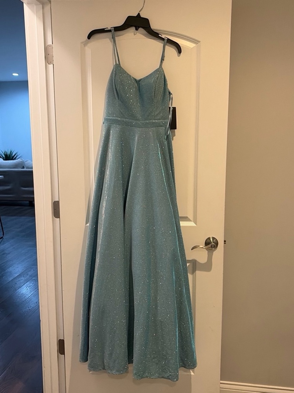 City Studio Sparkling Aqua A-Line Spaghetti Strap Prom Dress